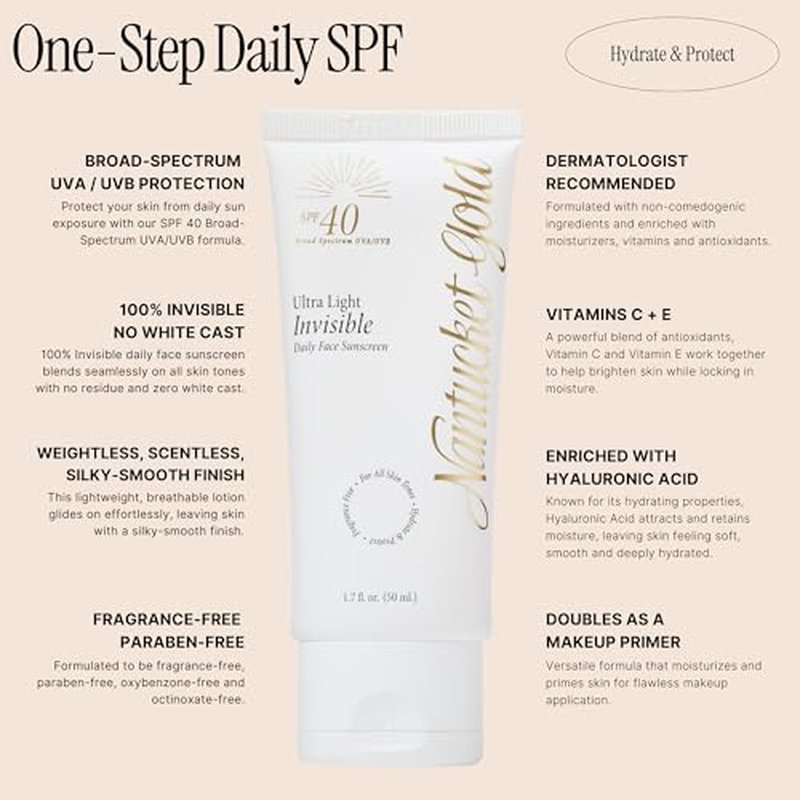 100% Invisible Daily Face Moisturizer with SPF 40 + Hyaluronic Acid + Vitamin C, Weightless, Scentless, Primer - For All Skin Skin Tones - 1.7 fl oz