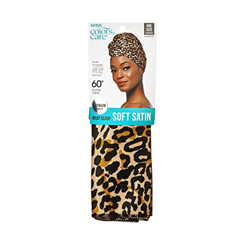 KISS COLORS & CARE Soft Satin Wrap Scarf - Leopard Print, Multi-Purpose, Soft Premium Scarf For Minimizing Frizz, Preventing Breakage & Securing Hair Styles, Wigs & Weaves For All Hair Styles