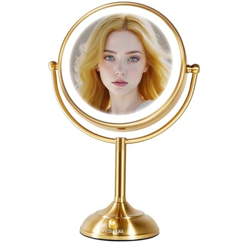 VESAUR 8.5'' Large Gold Lighted Makeup Mirror, 1X/10X Clear Seamless Magnifying Mirror, Bright Vanity Mirror with 3 Colors Dimmable Lights, Two-Sided 360¡ÆRotation Stable Base, Luxury Nickel, Gift Box