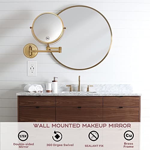 8 Inch Brass Bathroom Magnifying Mirror Wall Mounted 5X, 360 Swivel Extendable Arm Cosmetic Mirror, Home Bathroom Shaving Vanity Mirror, Brushed Antique Brass