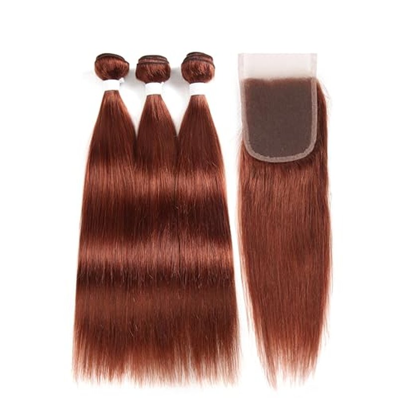 ijoy Reddish Brown Straight Human Hair 3 Bundles with Closure for Women 10 12 14 +C8 Inch 100% Virgin Remy Hair Bundles Human Hair Straight Hair Extensions Chocolate Brown Color