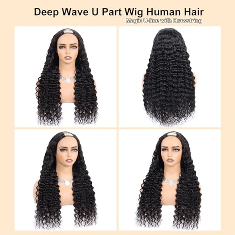 Deep Wave U Part Wig Human Hair for Women 12A Grade Brazilian Virgin Deep Curly Upart Wig Human Hair Wigs 180% Density Glueless Full Head Clip in Half Wig U Shape Wig Natural Color (22 Inch)