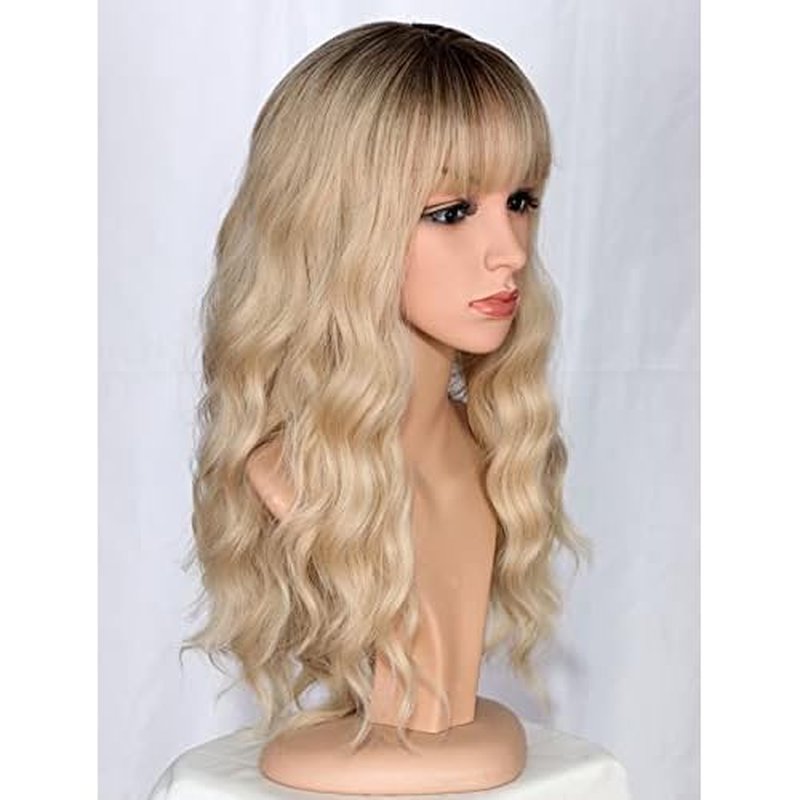 Medium Long Blonde Wavy Wigs For Women Synthetic Full Hair Wigs With Bangs For Daily Use (Blonde)