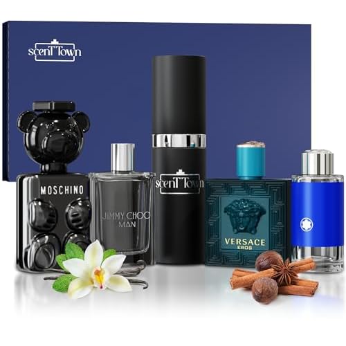Mens Cologne Gift Sets Bundle Mini Bottle ? Designer Mens Cologne Sampler Sets with Refillable Atomizer ? Box Includes Versace, Moschino, Mont Blanc, Jimmy Choo Travel Size (0.17 Oz Each)