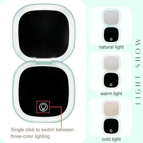 Makeup Mirror with Lights - Dual-Sided Green LED Pocket Mirror, 1X/5X Magnifying Travel Mirror, 3 Light Modes, Rechargeable Handheld Mirror for On-The-Go Makeup, Grooming, and Gifts