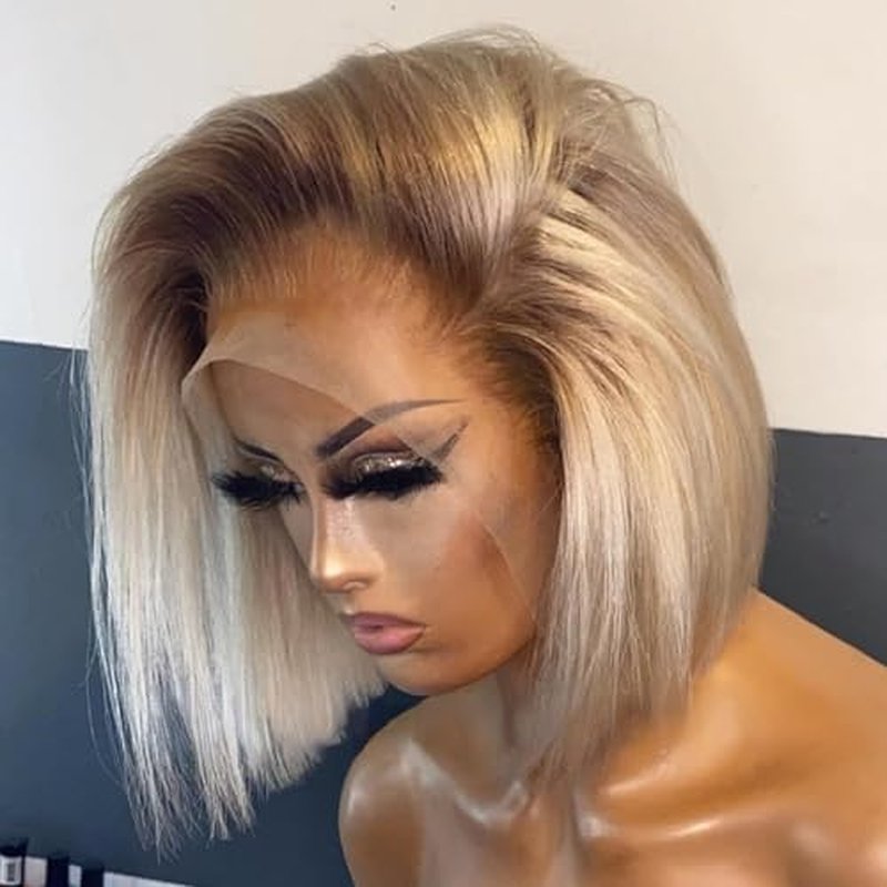 13x4 Ombre Blonde Bob Wig with Dark Roots 613 Brazilian Remy Human Hair Double Drawn Preplucked 200% Density Short Straight Wig UHD Transparent Lace Frontal for Women Summer Party 10"