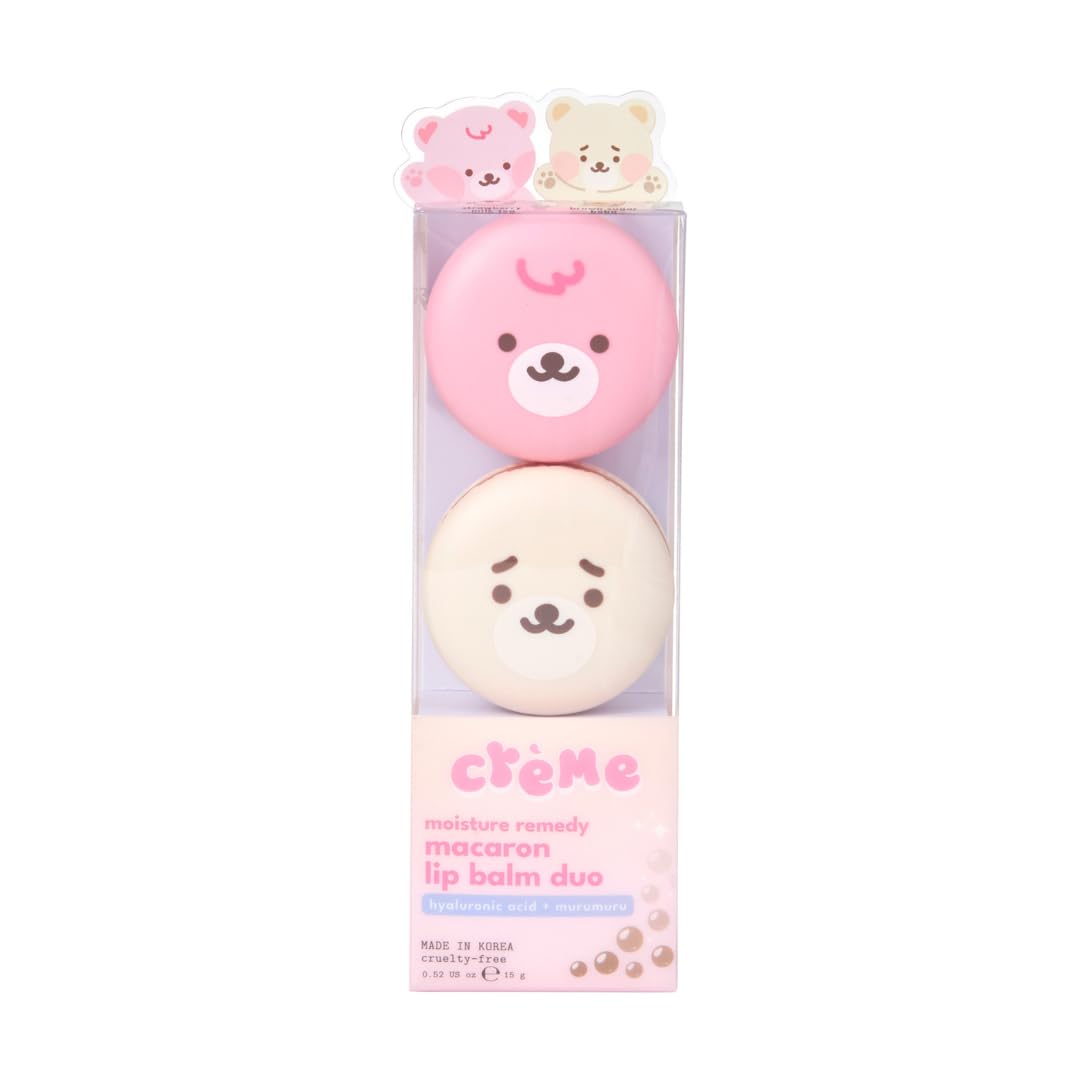 The Crème Shop Boba Bears Moisturizing Macaron Lip Balm Duo | Korean Lip Balm with Hyaluronic Acid and Murumuru Butter | Stocking Stuffers (Pack of 2)