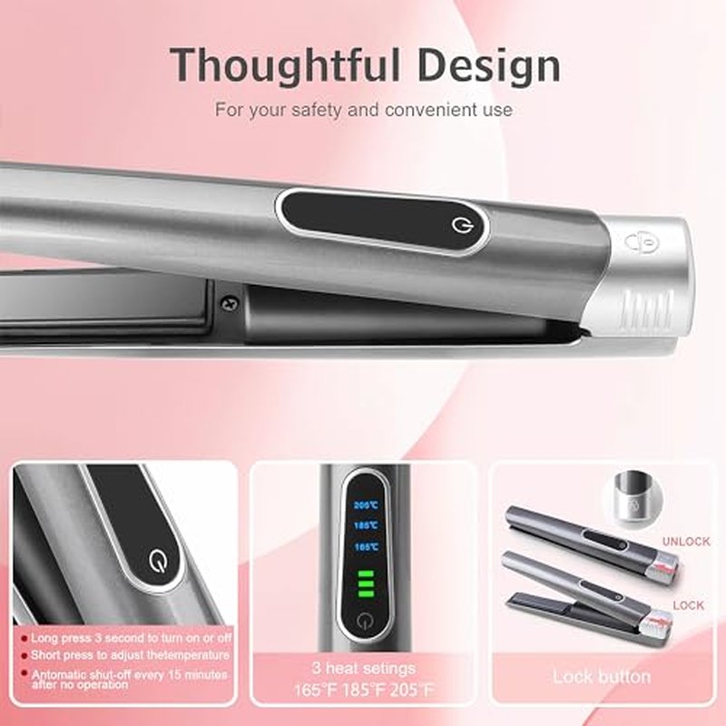 Cordless Hair Straightener and Curler, 2 in 1 Portable Mini Flat Iron & Curling, Fast Heating & Titanium Plate Straightener Curling Iron with 3 Adjustable Temp, LCD Temp Display