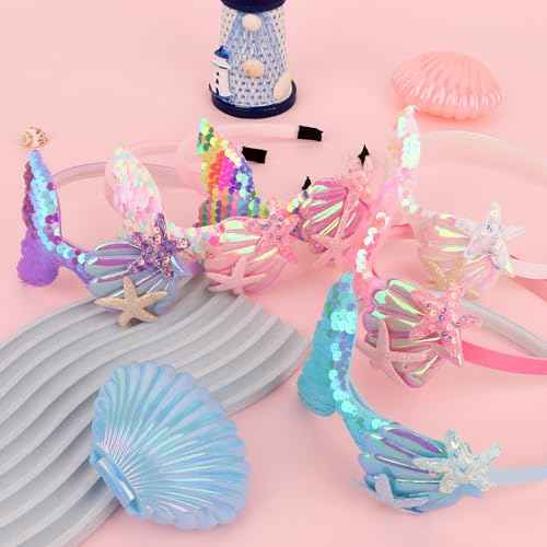 6Pcs Mermaid Headbands for Girls Fish Tail Hair Band for Women White Pink Blue Purple Light Pink Rainbow Multi-colored Headbands Seashell Ocean Theme Cute Headband
