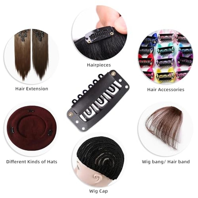 22 pcs 32mm Hair Extensions Clip Ins 6-Teeth U-Shape Black Hair Clips, with DIY Needle and Thread Kit - Snap Hair Clips for Wig Clips
