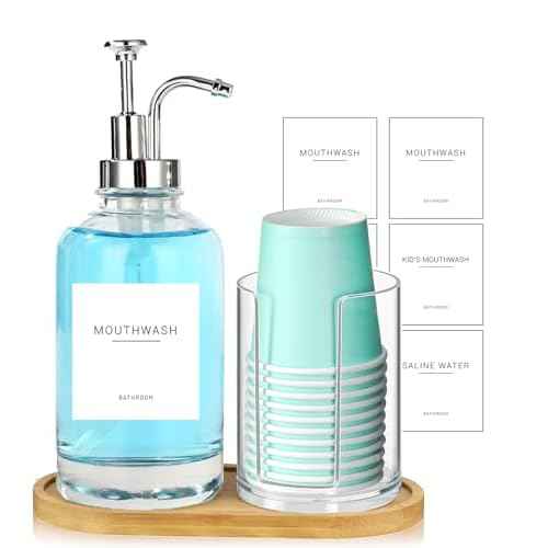 17OZ Mouthwash Clear Glass Pump Dispenser with Disposable Mouthwash Cups Holder Refillable Clear Container with Bamboo Tray, Mouthwash Labels