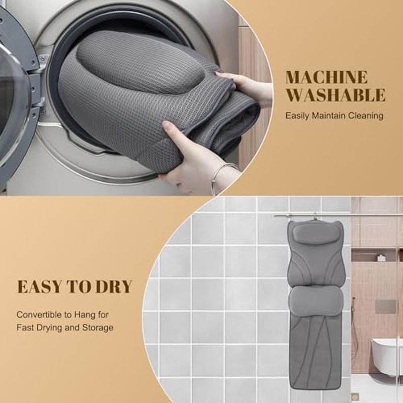 Extra Long Thick Full Body Bath Pillow for Tub with Lumbar Pillow- Luxury 4D Air Mesh Bathtub Pillow with Head, Shoulder & Back Support, Non-Slip Bath Cushion with Suction Cups, Fits All Tubs-Gray