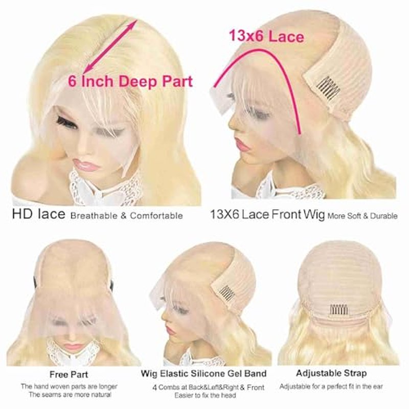 613 Lace Front Wig Human Hair 24 Inch Body Wave Blonde Lace Front Wigs Human Hair Pre Plucked 200% Density 613 Blonde Wigs with Baby Hairs Glueless Lace Frontal Wig