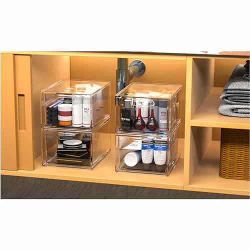 Cq acrylic Stackable Storage Drawers Set of 2,Under Cabinet Stackable Bins and Pull out Drawers Storage Container,4.4'' Tall Clear Plastic Organizer Bins for Makeup,Beauty Product,Machine Organizing
