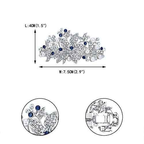 EVER FAITH Austrian Crystal Bridal Hibiscus Cream Simulated Pearl Hair Clip Barrette Blue Silver-Tone