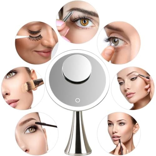 Surdy 9" Lighted Makeup Mirror, 5x/10x Dual Magnifying Mirror w/ 3 Color, Brightness Adjustable,360¡Æ Rotation, 4000 mAh Rechargeable, Women Gift, Vanity Mirror