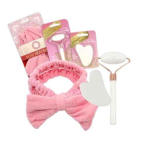 Earth & I Fuzzy headband White Jade Roller & Face Guasha Set 3pc, At Home Spa Essentials, Women Self Care, Face Tool for Lymphatic Drainage, Gua Sha Roller, Gusha, Spa Accessories for Women