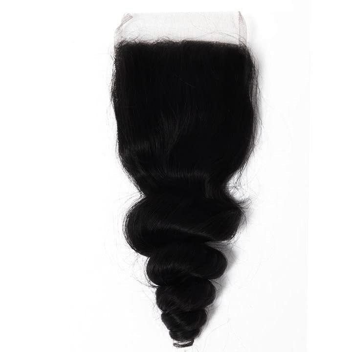4x4 Lace Closure Hair Extensions - 14 Inch Brazilian Real Human Hair | Natural Black Loose Wave
