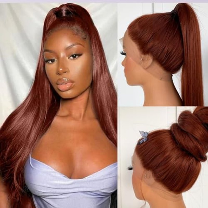 360 Wig Human Hair Full Lace Straight 360 Reddish Brown Lace Front Wigs Human Hair Ponytail Wig 360 Auburn Wigs for Black Women Pre Plucked Virgin Hair Colored Wig Natural HairLine 24 Inch