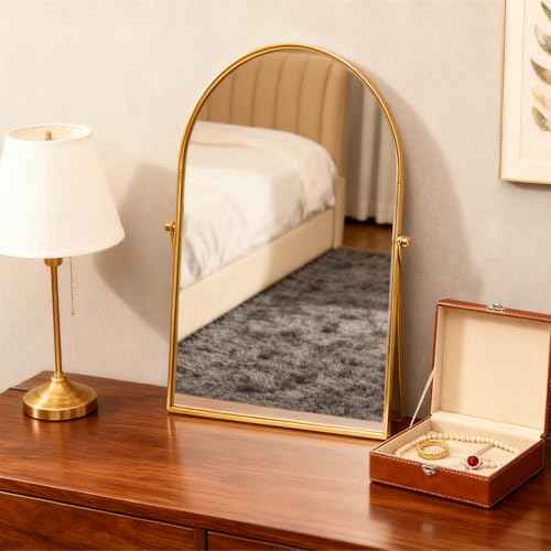 Golden Metal Mirror Vanity Table Desk Arch Makeup Bathroom Mirror Rotation Framed Standing Mirrors 90¡ÆAdjustable Room Decor for Living Room,Bedroom,Tabletop