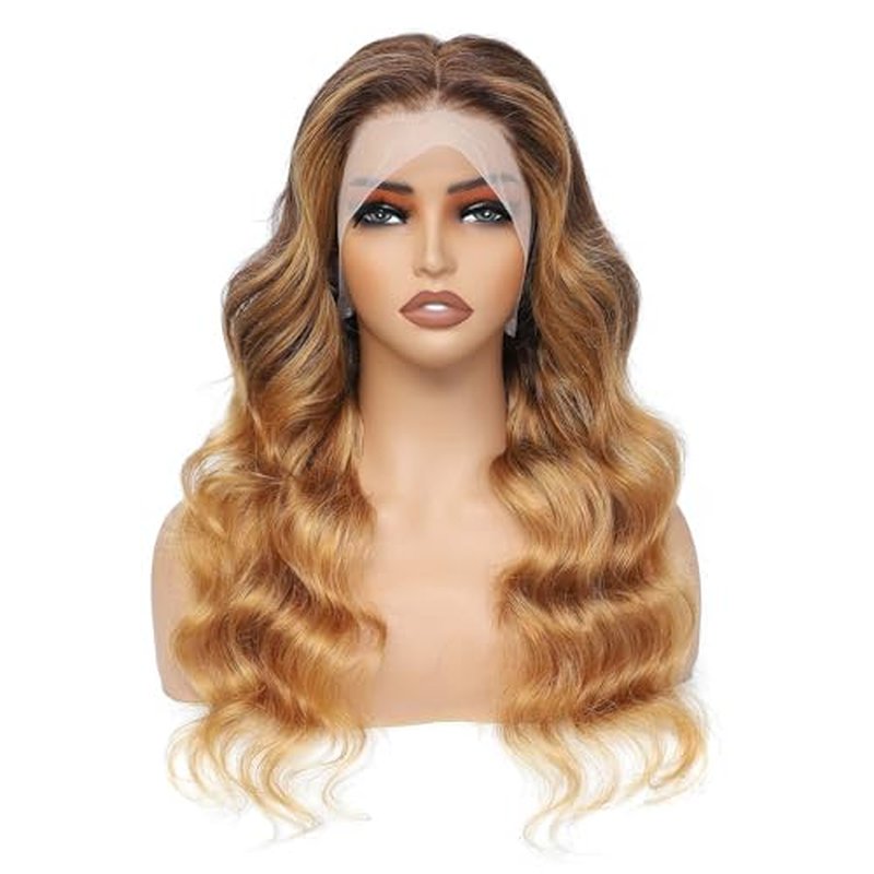 SUPER STYLE 28 Inch Ombre 4/27 Honey Blonde Body Wave 13x4 Lace Frontal Wig Human Hair Wigs Pre Plucked with Baby Hair for Women