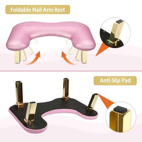 Nail Arm Rest, Foldable Arm Rest for Nails Tech, PU Leather Manicure Arm Rest, U Shaped Hand Rest for Nails tech, Manicure Hand Rests for Foot Hand Rest, Pink