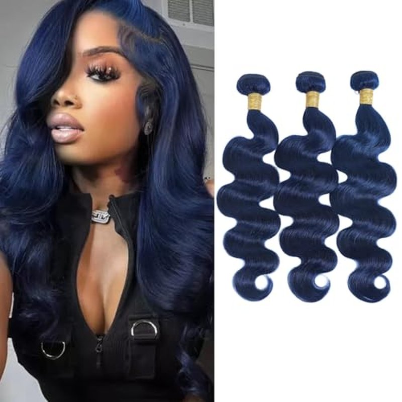 Dark Blue Body Wave Human Hair Bundles, Quick Weave Sew In Wavy 12A 100% Brazilian Virgin Hair, Soft Glossy Thick, Perfect for Quick Weave Sew-In Styles 3 Bundles 10 12 14 Inch