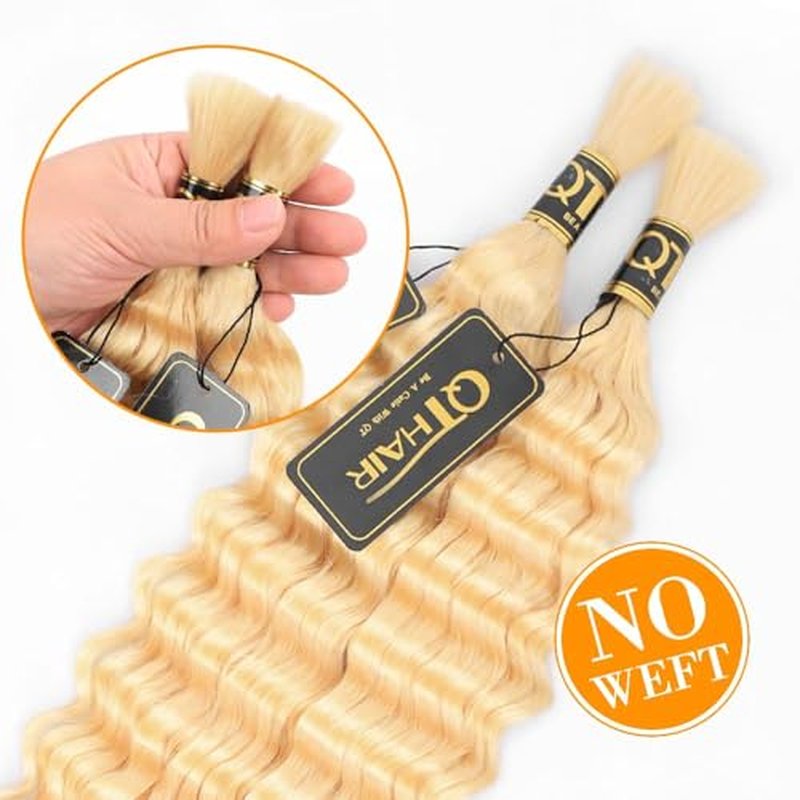 QTHAIR 16A Deep Wave Bulk Human Hair For Braiding(20Inch 100g)#613 Blonde 100% Unprocessed Brazilian Deep Wave Bundles Virgin Hair Extensions Two Bundles Micro Braiding