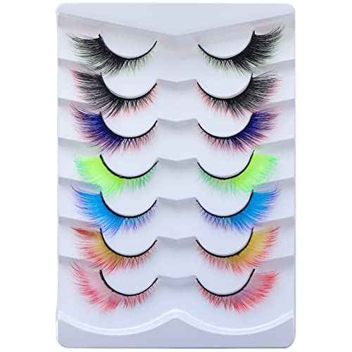 Outopen 7 Pairs Angel Colored Lashes Fluffy Wispy Winged False Eyelashes Halloween Cosplay Makeup Colorful Eye Lashes Like Extensions