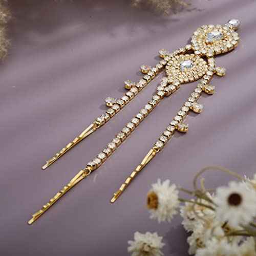 YERTTER Wedding Gold Rhinestone Head Chain With Clip Jewelry Forehead Tassel Fringe Headband Headpiece Crystal Chain Headband Hair Accessories for Women Brides Prom Costume(Gold 2)