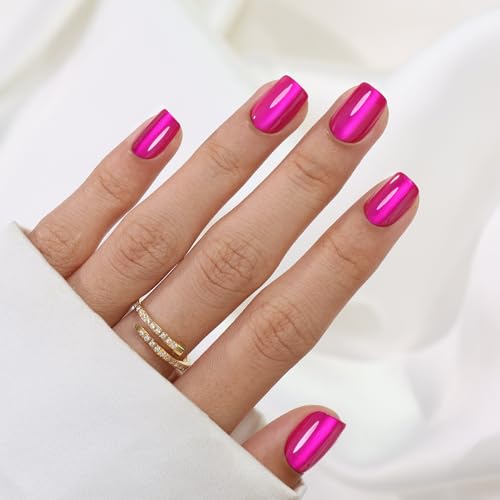 Hot Pink Press on Nails Short - Cat Eye Press on Nails Square for Women Gift, Natural Fit & Glossy Stick on Nails in 16 Sizes - 32 Reusable Soft Gel Fake Nails with Glue, Hot Pink