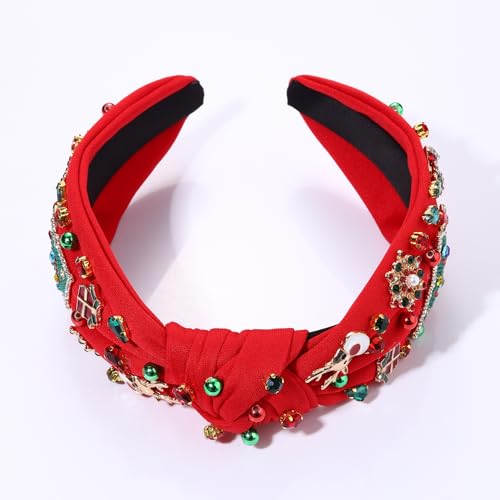 Jeweled Plaid Embellished Crystal Pearl Knotted Wide Top Knot Headband for Women - Holiday Hair Accessory Gift (Big Xmas Tree 4)