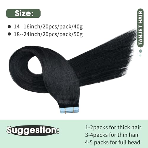 Tape-in Hair Extensions - 20 Inch Straight Jet Black Remy Hair - Invisible Skin Weft, Seamless Human Hair Extensions (#1 20 Inch 50g/Pack 20Pcs)