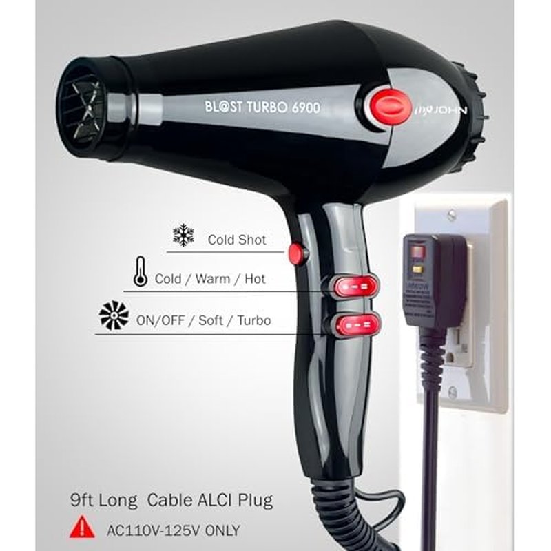 JOHN Super Fast Drying Hair Dryer, Ionic 2200W Professional Salon Blow Dryer, 2 Concentrator Nozzles, Blast Turbo 6900, Black