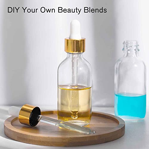 PrettyCare Glass Eye Dropper Bottle 2oz (60ml), 24 Pcs Clear Empty Thick Bottles Bulk with Leakproof Golden Caps - With Labels & Funnels for for Storage, Travel,Essential Oils, DIY Serums, Tincture