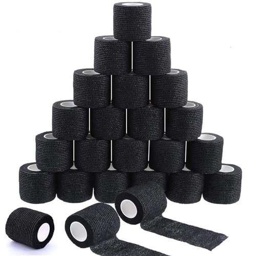 Tattoo Grip Tape Cover - 24PCS Self Adhesive Bandage Wrap, 2" X 5 Yards Black Athletic Tape,Ankle Tape, Cohesive Bandage Wrap¡¦