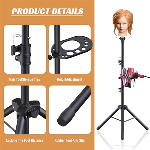 Relx Wig Stand Tripod - Adjustable Wig Head Stand with Tool Tray- Double Locking Mannequin Head Stand for Hairdressing Training(Mannequin Head Not Included)