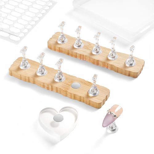 Nail Stand for Press On Nails Art Display Practice 2 Sets, 1 Heart Shaped Acrylic Magnetic Nail Stands, Fake Nail Holder Tips With 200 PCS Double-Sided Tape, Nail Kit Home DIY Salon Supplies