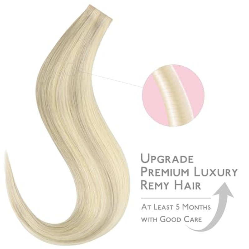 WENNALIFE Invisi Edge Tape in Hair Extensions Human Hair, 20 Inch 50g 20pcs Ash Blonde Highlighted Platinum Blonde Invisible Luxury Remy Hair Extensions Natural Seamless Injected Tape Ins Straight