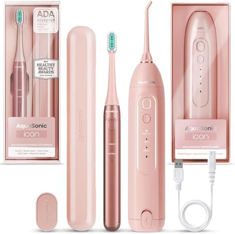 Aquasonic Icon Toothbrush & Water Flosser Bundle - Blush Color, Advanced Oral Care Set