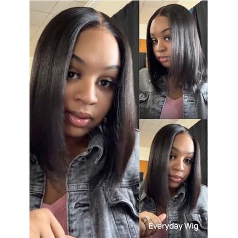 YIROO Yaki Straight Bob Human Hair Drawstring Wigs Pre Cut 7x5 HD Lace Front Wig Bye Bye Knots Glueless Yaki Short Bob Human Hair Wigs Pre Plucked Invisible Knots 150% Density Ready to Go 10Inch