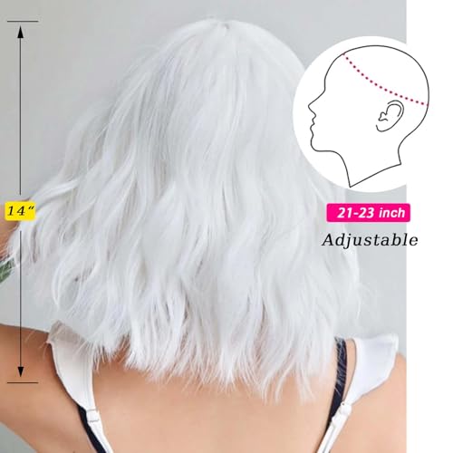andromeda White Wavy Wig with Bangs Soft Short Bob Wigs for Women Synthetic Shoulder Length Women's Wig for Halloween Costumes Cosplay Daily (White)
