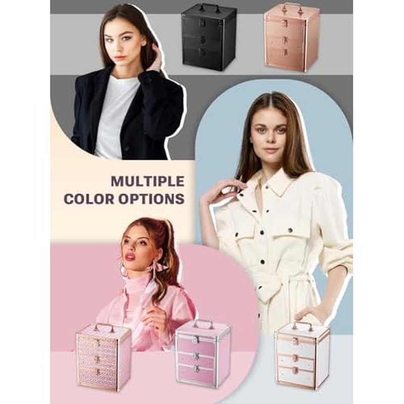 Makeup Box with Double Drawers and A Detachable Lighted Mirror, Waterproof Travel Train Case, Cosmetic Organizer and Makeup Suitcase with Adjustable Dividers, Magnetic LED Mirror (Sparkling Pink)