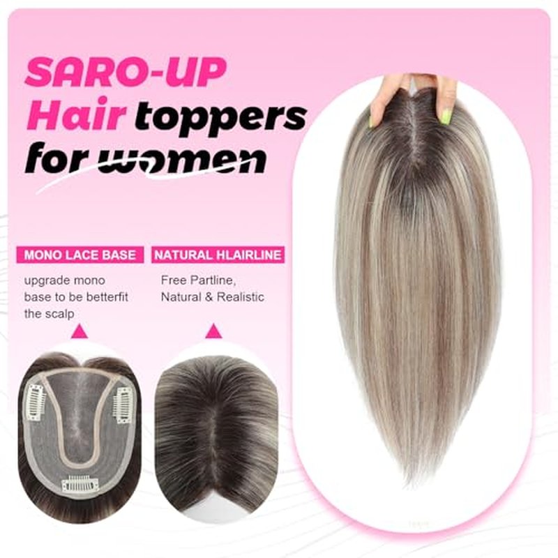 SARO-UP Hair Toppers for Women Real Human Hair Toppers for Women with Thinning Hair 4x4.5 inch Larger Mono Base 150% Density HairPieces Add Volume 12Inch (Ombre Light Brown with Blond Highlight)