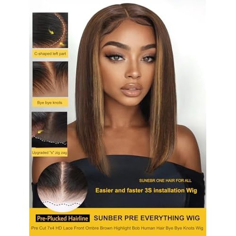 Sunber Ombre Brown Highlights Blonde Bob Human Hair Glueless Wig Bye Bye Knots Pre Everything 7x5 Lace Front Bob Wigs Pre Cut Lace Pre Plucked Pre Bleached Knots 150% Density 3S Put On and Go 10Inch
