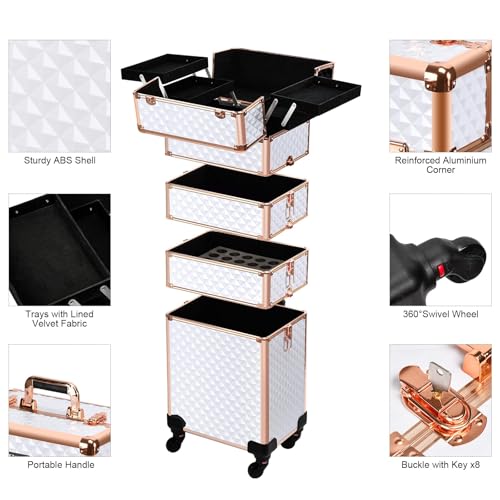 VETALLO Rolling Makeup Train Case, 5-in-1 Travel Makeup Case Organizer I Large Makeup Case with Key Swivel Wheels I Makeup Train Case for Manicurists Hairstylists Esthetician I White