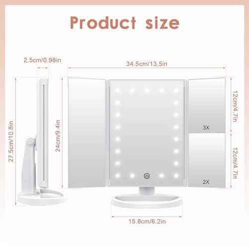 WEILY Makeup Vanity Mirror with 21 LED Lights and Touch Screen, Tri-Fold 1x 2X 3X Magnification,180¡Æ Adjustable Rotation and USB Powered,Countertop Cosmetic Mirror (White)