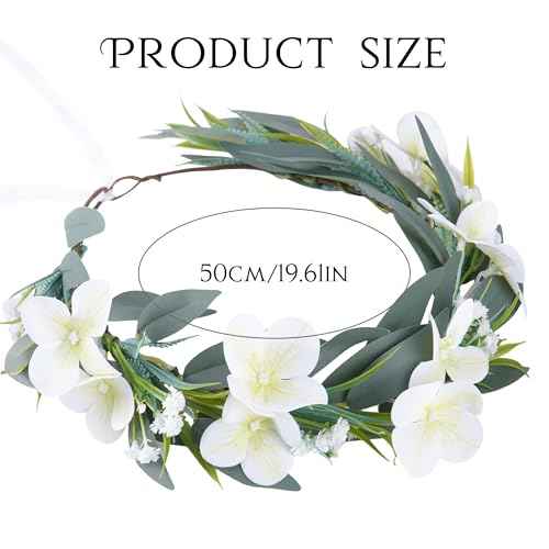 White Flower Crown Headband, Artificial Fairy Flower Headband with Green Leaf, Bridal Boho Floral Headpiece for Women Girls Maternity Birthday Wedding Festival Renaissance Hair Accessory