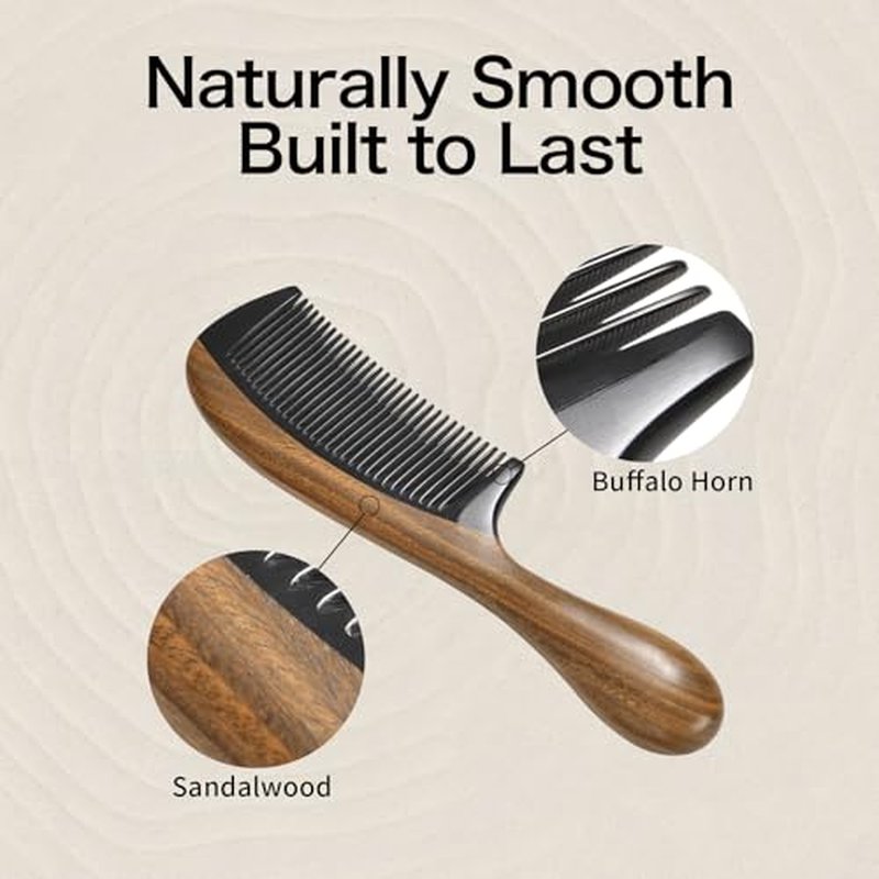 Onedor Handmade Buffalo Horn and Sandalwood Hair Combs - Anti-Static Natural Scent Wooden Detangler (Fine Tooth)