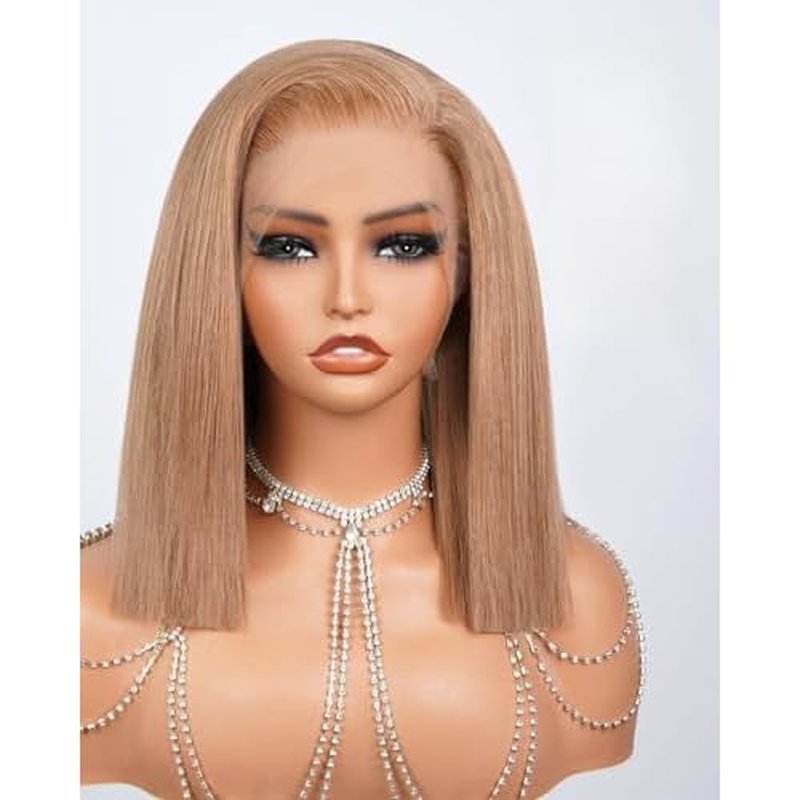 Straight Bob Wig Human Hair 13x4 Frontal Lace Wig 10 Inch Light Brown Blonde Wig 210% Density HD Lace Front Wigs Human Hair Pre Plucked Milk Tea Brown Short Bob Wigs Blunt Cut Wig